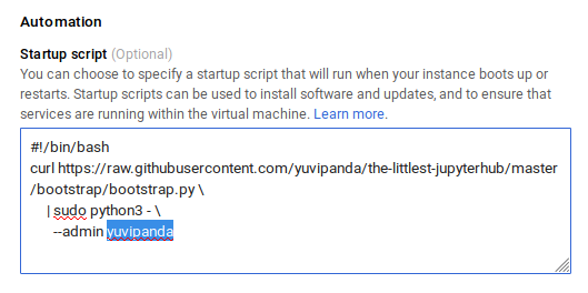 Install JupyterHub with the Startup script textbox